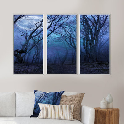 «Dark Night Forest In Full Moon», ensemble d'art mural sur toile encadré paysage