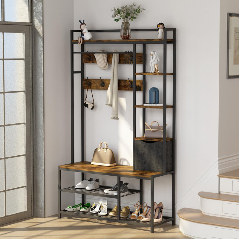 Hall Tree with Bench and Shoe Storage, Rustic Brown
