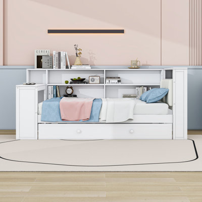 Lit de jour simple en bois avec ports USB, lit gigogne, bureau et lumière DEL