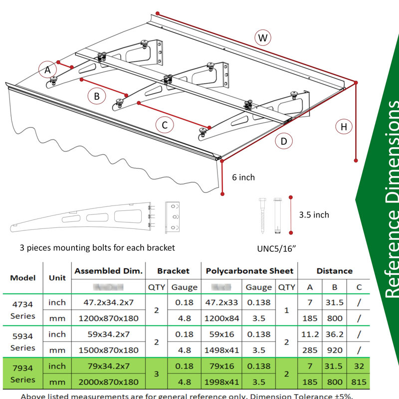 Auvent de fenêtre 79 "x 34" pour maison en béton de maçonnerie - Supports en alliage d'aluminium rouille en polycarbonate solide avec toit mural protégé contre le vent
