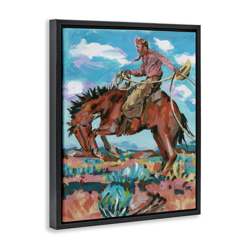 «Lassoing Cowboy Scene», art mural encadré par John Dixon, H 31 po x l 25 po, Cadre flottant noir de jais