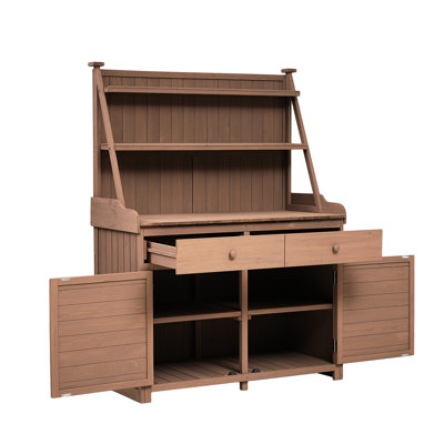Banc de jardinage 65 pouces, construction stable en bois de sapin et entretien facile, bureau de jardinage brun, grand espace de rangement rustique