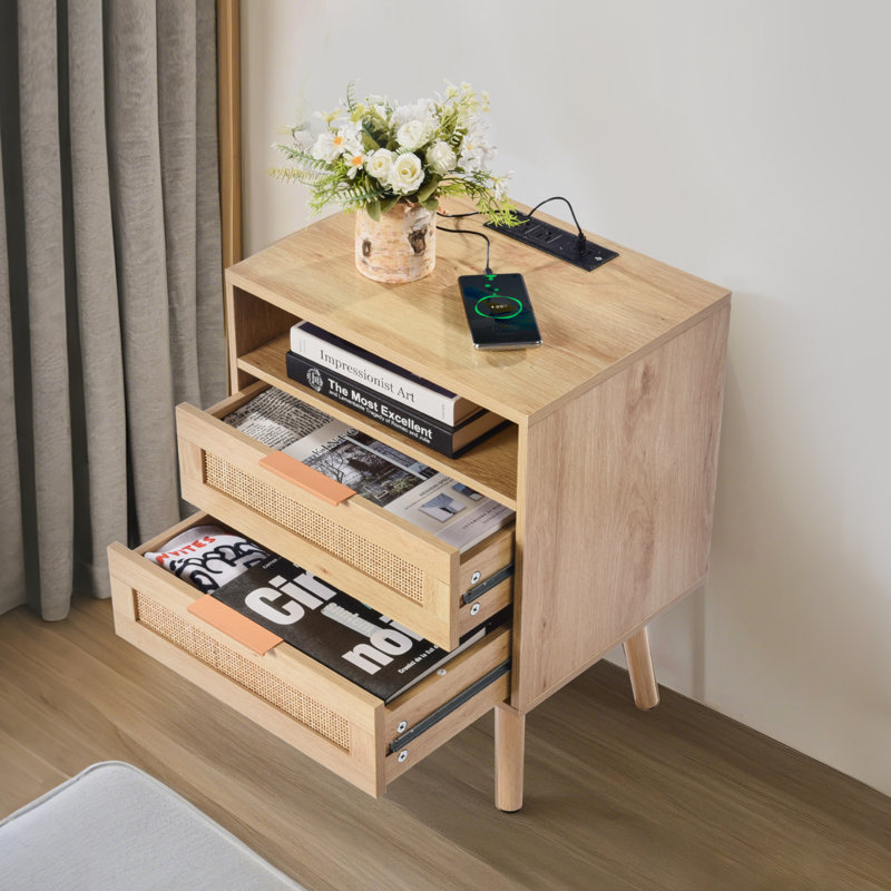 Rattan Nightstand End Table with Open Shelf Boho Bedside Table, 2 Drawer