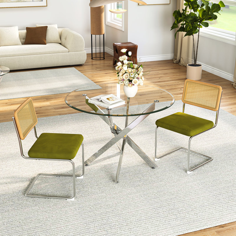 3-Piece Round Glass Dining Set, 36" Tempered Glass Top With Mirror Stainless Steel Base, 2 C-Frame Rattan Chairs, Green