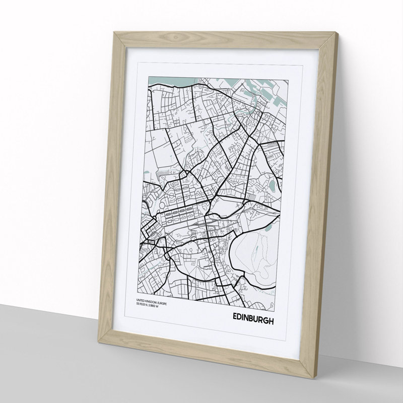 Map Edinburgh UK - Picture Frame Graphic Art, 90cm H x 65cm W x 2cm D, Oak Framed