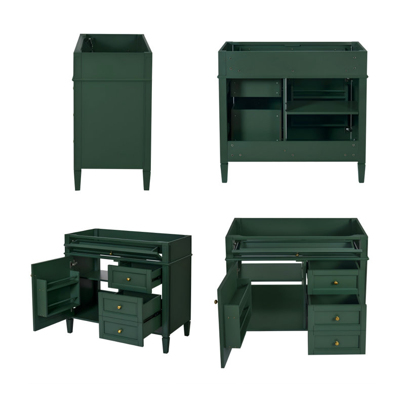 Armoire de meuble-lavabo moderne 36 po sans lavabo, structure en bois massif vert avec 2 tiroirs, tiroir coulissant et porte d'armoire, rangement autoportant pour les essentiels de salle de bain