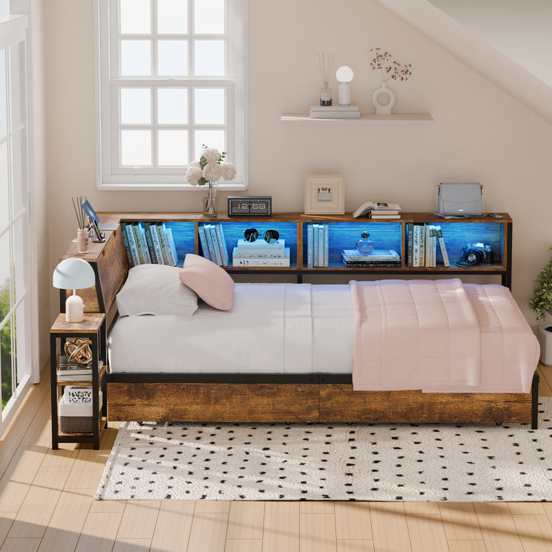 Corner Bed Frame With Drawers, Bookcase & Bedside Rack, Twin Daybed With Led Lights And Charging Station(Twin Size)