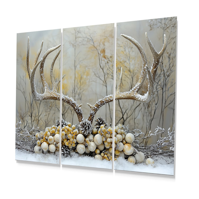 Cerf doré dans un décor de Noël I, Métal métal, H 40 po x l 60 po x P 1 po