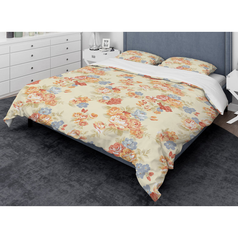 Ensemble de housse de couette designart fleurs, Housse de couette grand + 2 taies décoratives