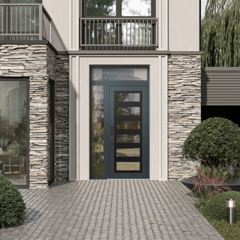 C9 droitier 48 po X 96 po Panneau d'entrée en verre noir anthracite et anthracite à panneau avec porte d'entrée avant pré-montée en verre Sidelite et Transom