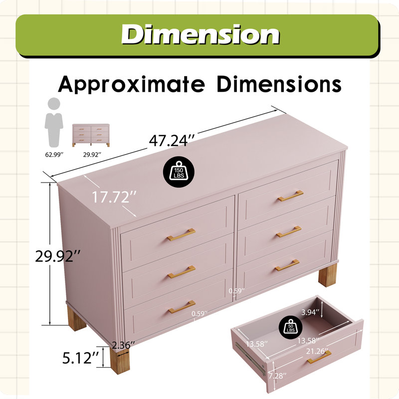Commode double 6 tiroirs, armoire de rangement moderne avec poignées et pieds en bois massif, organisateur de tiroir pour chambre d'enfant
