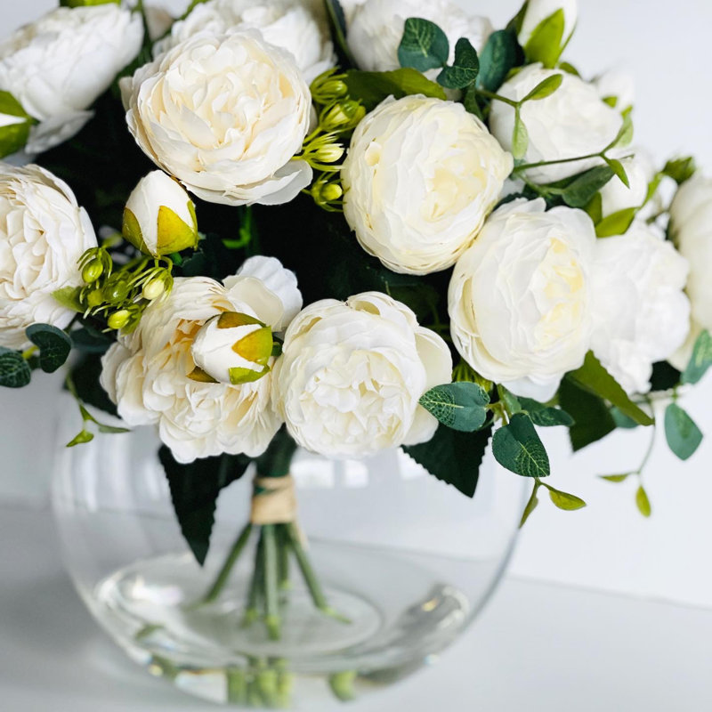 Rose Peony Arrangement Artificial Faux Centerpiece, White