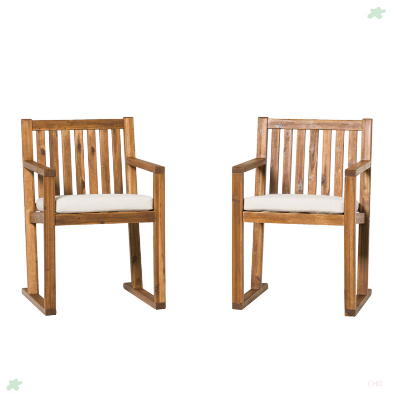 Brown Acacia Wood Slat-Back Outdoor Dining Chairs with Cushions, Set of 2