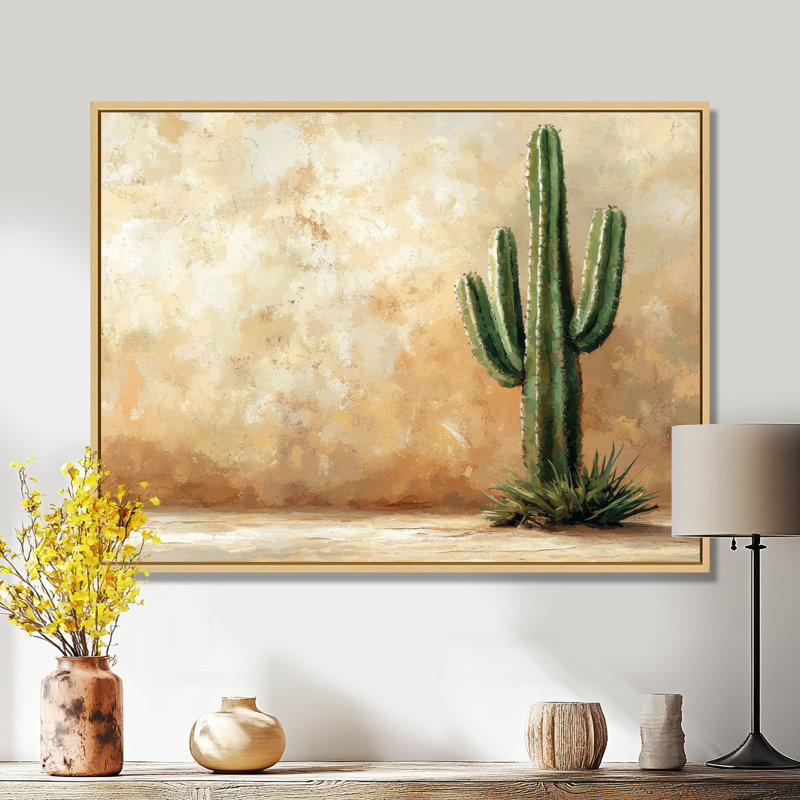Cactus dans le désert VI - art mural cactus, H 12 po x l 20 po, Cadre flottant, Crème, crème