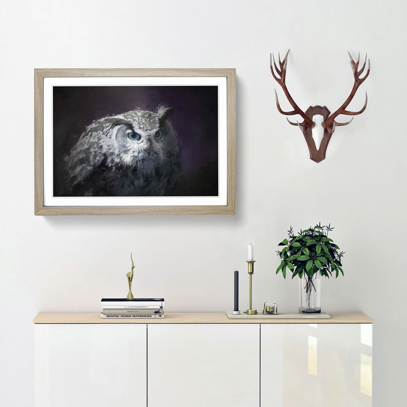 Blue Eyed Eurasian Eagle Owl in Abstract - Picture Frame Painting Print, 27cm H x 36cm W x 2cm D, Oak Framed