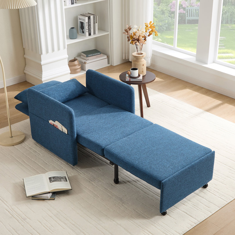  87'L 3-In-1 Convertible Chair Linen Sleeper with Adjustable Backrest and Storage Bag Set Of 2, Blue Linen
