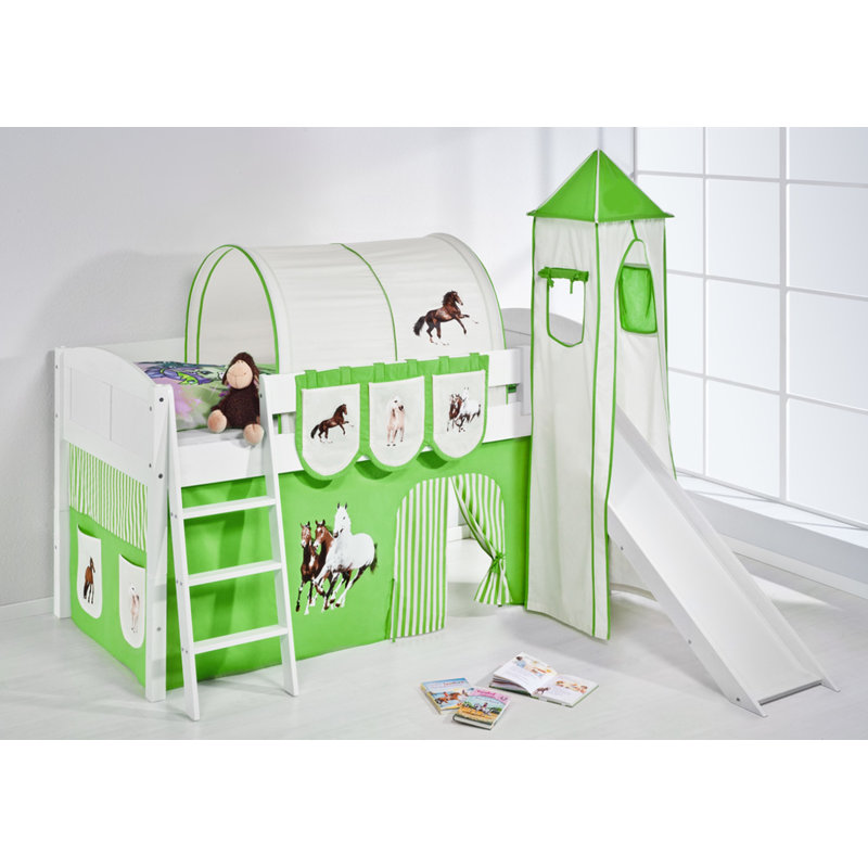PferdeEuropean Single Mid Sleeper Bed With Curtain, Green / Beige
