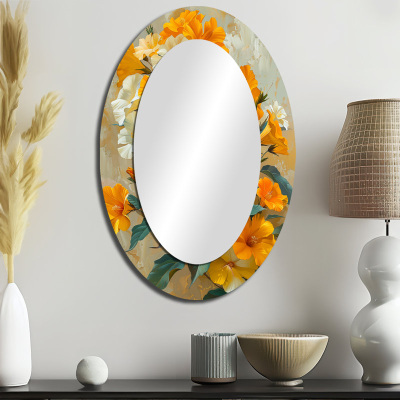 Vibrant Garden Orange White Morning Glory I - Floral Oval Decorative Mirror On Metal, 36" x 24"