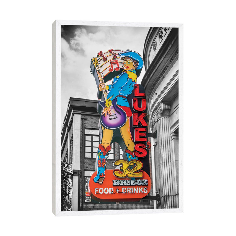 Nashville Lukes Neon Sign by Susanne Kremer - Print on Canvas, White Floater Framed, 66.04cm H x 45.72cm W x 3.81cm D