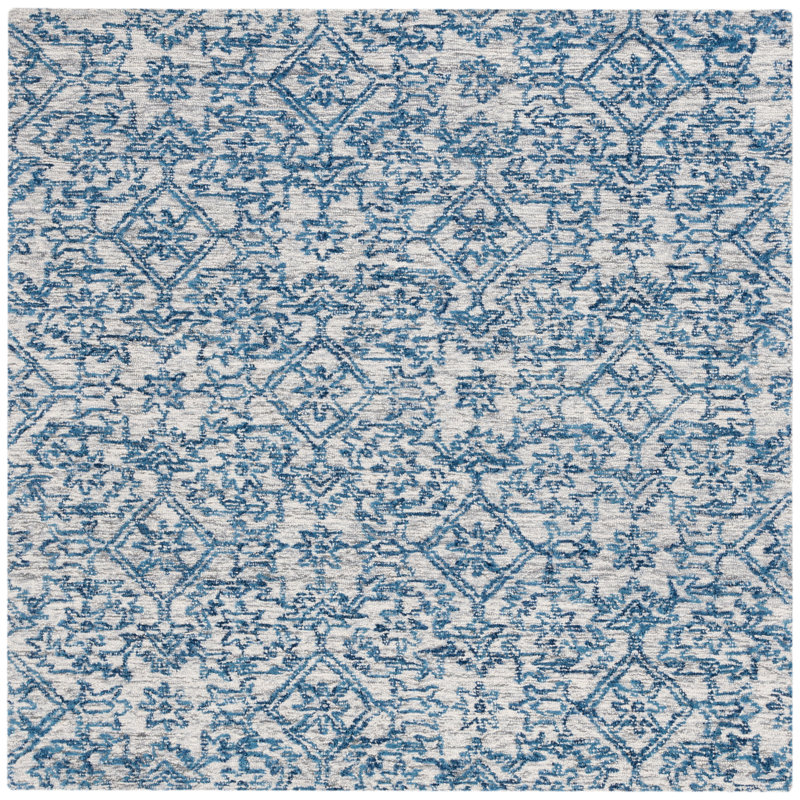 Tapis bleu en laine / coton touffeté à la main Angeli, Carré 5 pi