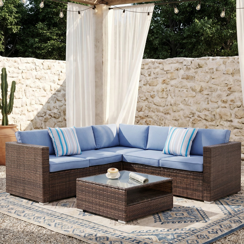 Fardin 5-Person Patio Wicker Sectional Seating Group with Cushions, Blue