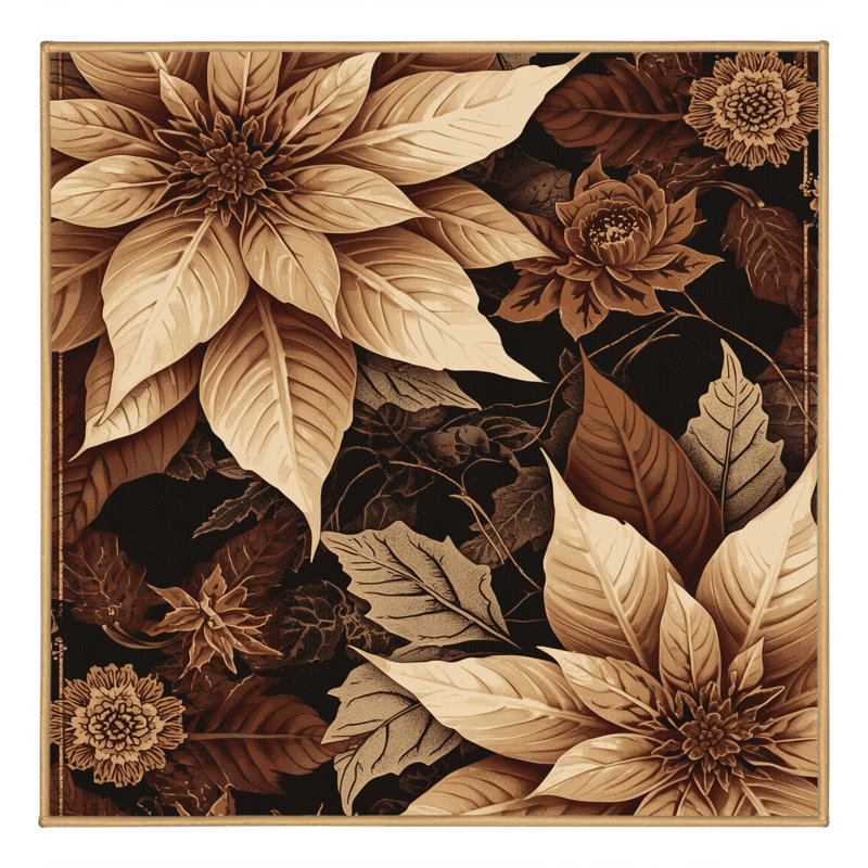 Machine Washable Ottwell Poinsettia Ornate Glam Floral Rug in Black – LightBrown Binding, 8' Square