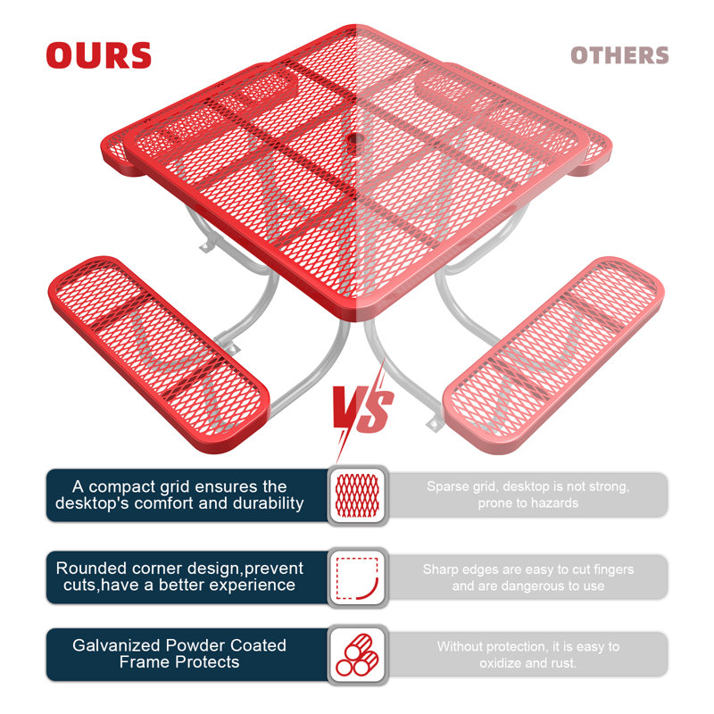 Table de pique-nique d'extérieur carrée en métal 46 personnes Darreyl, Rouge