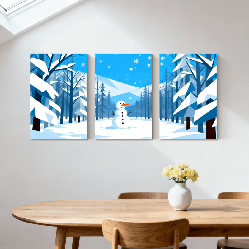 «Winter forest Snowy Forest Winter Scene with Snowman», ensemble de 3 impressions sur toile, H 24 po x l 48 po