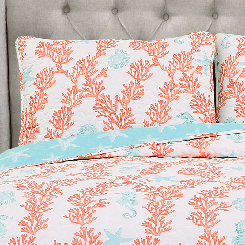 Queen Coral and Blue Cotton Reversible Quilt Set