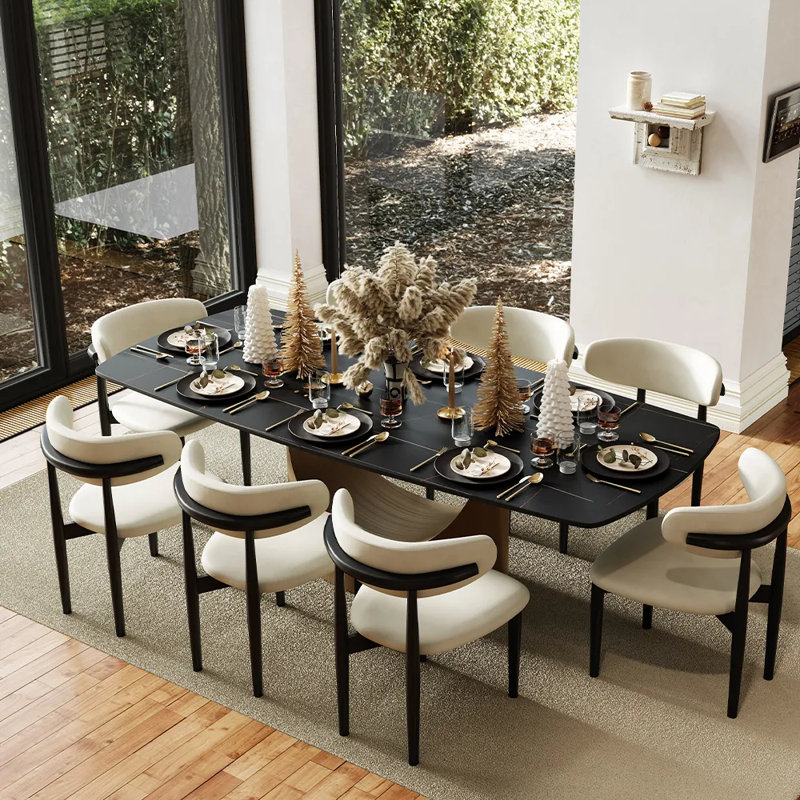 Ensemble de salle à manger moderne 5/7 pièces, ensemble de table de salle à manger rectangulaire pré-assemblé, ensemble de table de salle à manger en pierre frittée avec chaises en cuir de polyuréthane