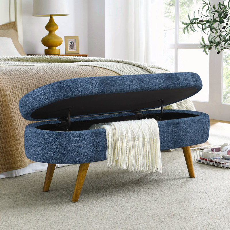 Repose-pieds de rangement ovale avec pieds en bois d'hévéa, tissu bleu foncé, parfait pour la décoration intérieure et une utilisation multifonctionnelle