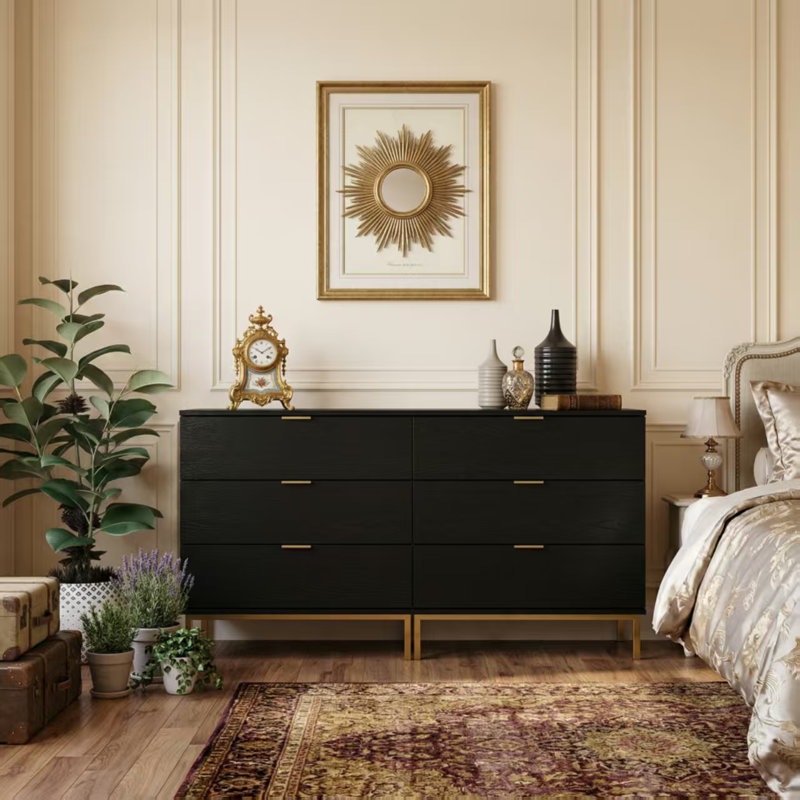 (Set Of 2) 6 Drawers Dresser Set With Metal Legs, Brown/Black