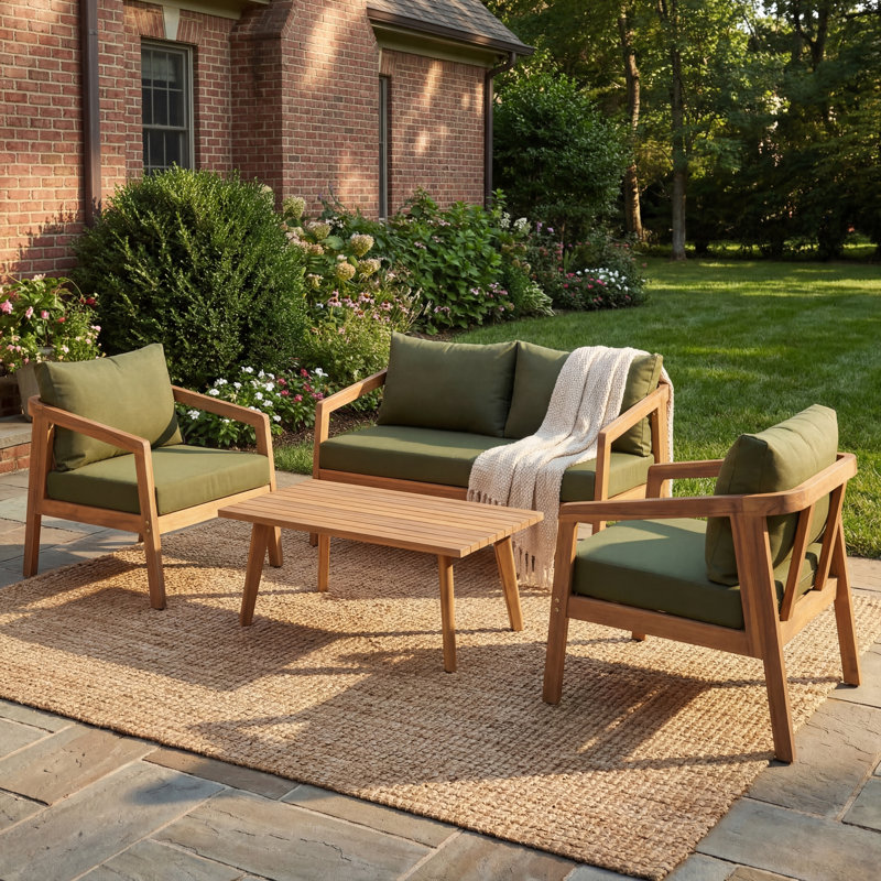 Ensemble de conversation en bois d'acacia pour 4 personnes avec coussins hydrofuges Airwyn, 4 Pcs: Table, 2 Chairs,Loveseat