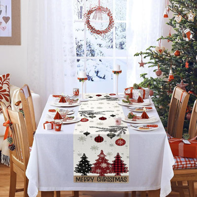 Red Pine Trees Merry Christmas Table Runner, Snowflake Table Runner, Seasonal Winter Decoration For Home Kitchen Dining Holiday Decor 13X72 Inch