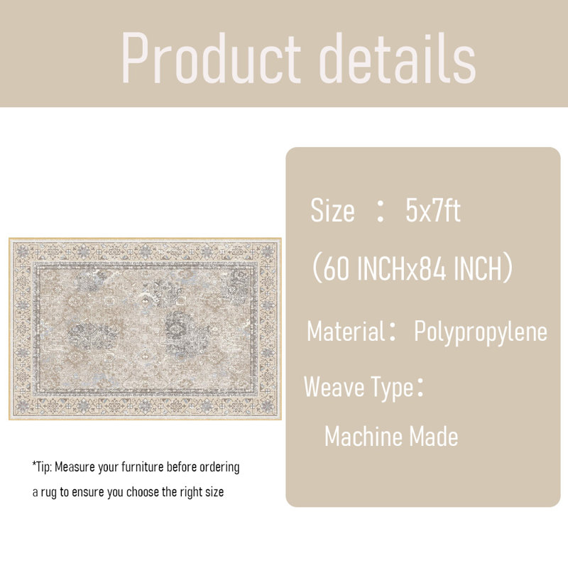 Tapis à poils courts, lavable à la machine, pliable, Rectangle 5 pi x 7 pi