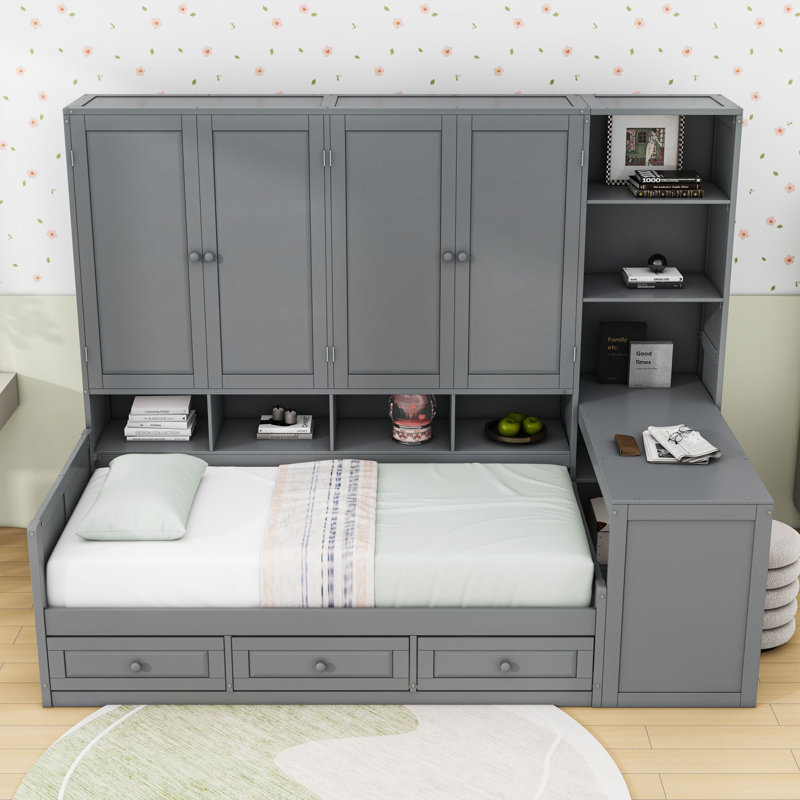 Wood Daybed With Storage Drawers, Shelves and All-in-One Cabinet, Gray, Twin