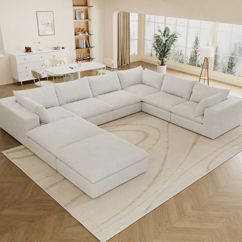 Nuage de velours côtelé blanc 157,6 po, 8 sièges, coussin amovible, conception à deux couches, sans assemblage, bricolage pour la maison et le bureau, luxe rembourré de plumes, éponge pure, envoi peu encombrant