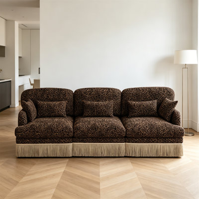Canapé 100% confortable en chenille à imprimé léopard de 100 po, bord à pampille délicat, canapé modulaire à la mode moderne, dossier et siège ergonomiques, assemblage facile, siège profond pour le salon, café beige
