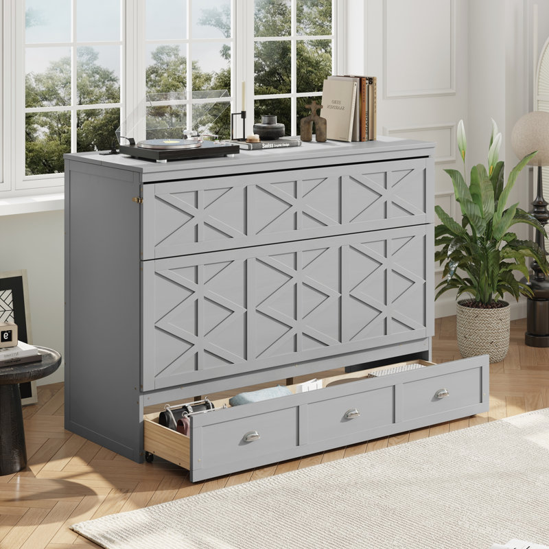 Grand lit escamotable avec grands tiroirs et USB, gris brossé, Grey