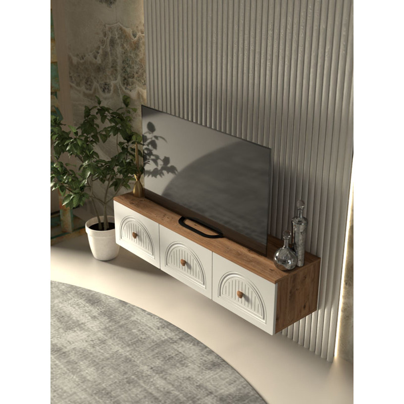 Modern TV Stand with Wall-Mount Option, Atlantic Pine & White, 53.1 x 12.6 x 13.8 inches | 100% Melamine Coated Chipboard, Thickness: 0.7 inches | Multiple Shelves, Stylish Geometric Design for Contemporary Living Rooms