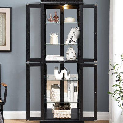 Wood - Framed Glass Curio, Built In Lighting, Six Tier Setup, Adjustable Shelves, Wine, Treasures Elegant Storage Cabinet, Black Frame, Layout, Customizable Display, Precious Items