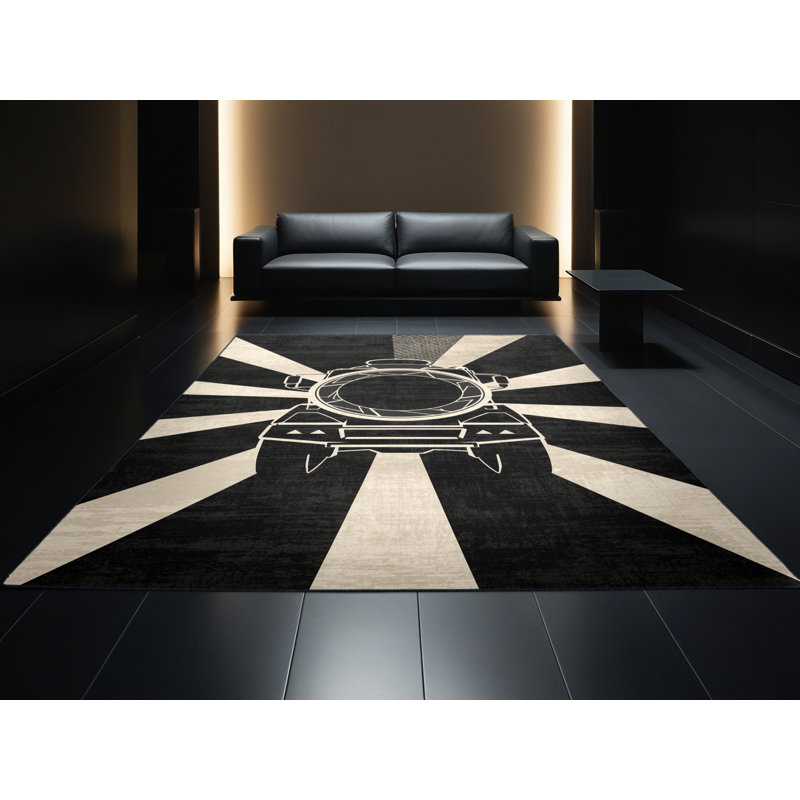 Tapis géométrique gris et noir lavable à la machine, 2x4