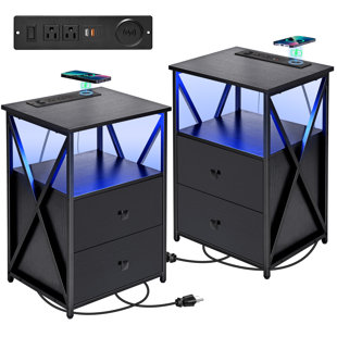 LED Nightstand, Night Stand with Wireless Charger, End Table with Storage (Set of 2)