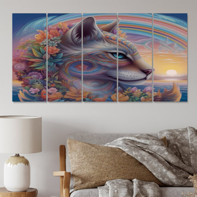 Magical Rainbow Cat With Flowers - Animals Cat Canvas Art Print - 5 Equal Panels