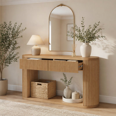 Console ovale cannelée avec 2 tiroirs et tablette inférieure, table d'entrée en bois avec glissières en métal lisse pour le salon et le vestibule