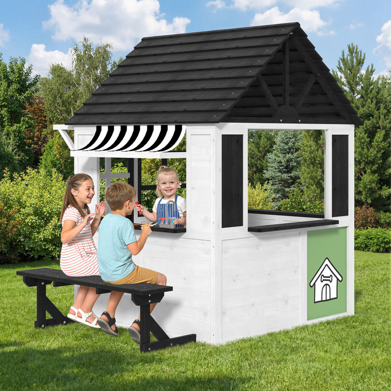 Wooden Playhouse For Kids Outdoor, Cottage Play House With Door, Windows, Fence, Bench, Service Station, Blackboard, Toys, For Kids 3-8 Years, White
