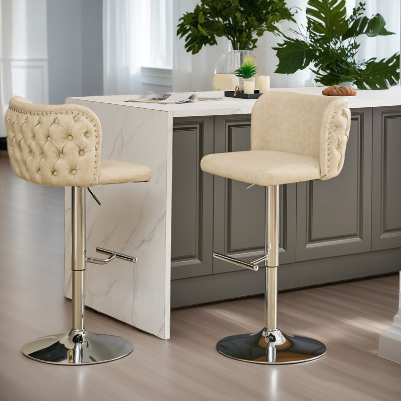 Swivel Barstools Adjusatble Seat Height With Chrome Base, Modern PU Upholstered Bar Stools with the whole Back Tufted, for Home Pub and Kitchen Island,, Set of 2