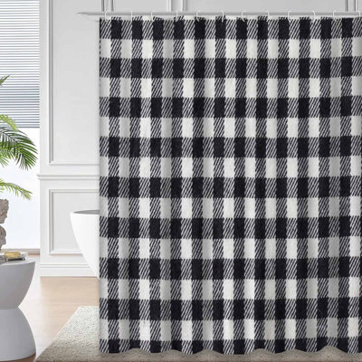 Black Gingham Checked Fabric White Shower Curtain with 12 Hooks
