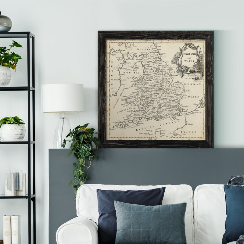 Carte de l'Angleterre et du Pays de Galles - impression d'art graphique, Toile avec cadre noir