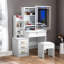 Coiffeuse de maquillage blanche avec miroir et tablettes de rangement, bureau à 3 tiroirs avec tabouret, coiffeuse moderne pour chambre à coucher et salon